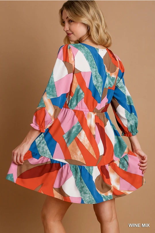 Umgee Abstract V-Neck Tiered Printed Dress- Wine Mix L