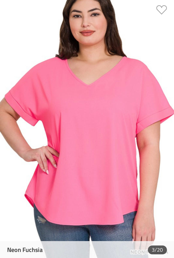 Pink Solid V-Neck Woven Top