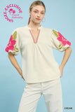 Cream Textured Jacquard V-Neck Bubble Sleeve Top K1858