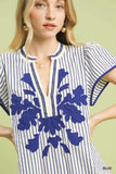 Blue Stripe Midi Dress with Lace Trim K1920