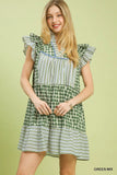 Green Mix Patchwork Flutter Sleeve Tiered Dress C6078