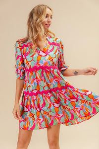 Pink Print Dress w/ Wave Trim ID1787