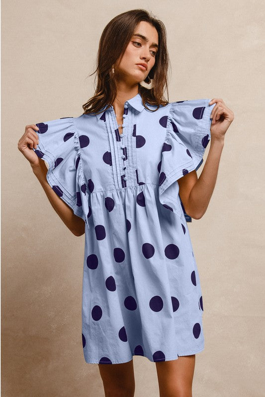 Navy Dot Print Ruffle Sleeve Dress ID1922