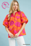 Tangerine Floral Puff Sleeve Blouse C5774