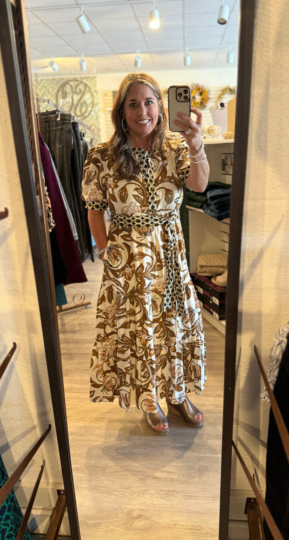 Brown/Black Mix Print Dress w/ Tie TG1850