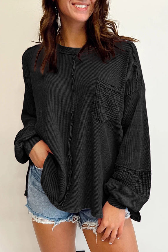 Black Distressed Crinkle Patchwork Top