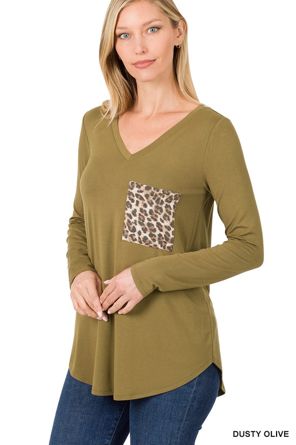 Dusty Olive V-Neck Leopard Pocket Top