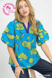 Cerulean Floral Puff Sleeve Blouse C5774