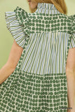 Green Mix Patchwork Flutter Sleeve Tiered Dress C6078