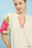Cream Textured Jacquard V-Neck Bubble Sleeve Top K1858