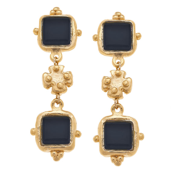 Handcast Gold Double Square Black Earrings- 1080J