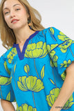 Cerulean Floral Puff Sleeve Blouse C5774