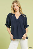 Navy Solid Collared V-Neck Top K1524