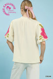 Cream Textured Jacquard V-Neck Bubble Sleeve Top K1858