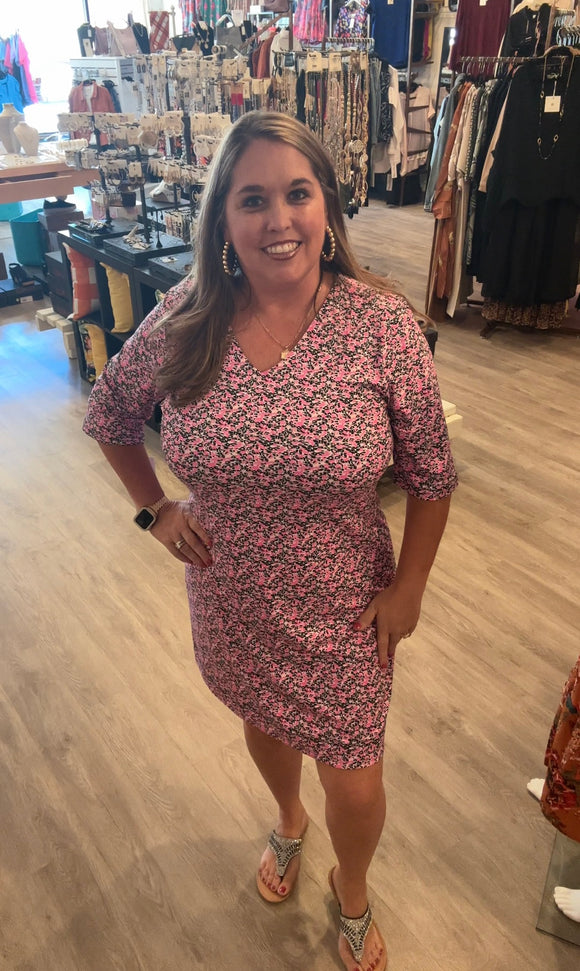 V-Neck Elbow Sleeve Dress
