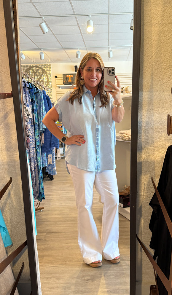 Sky Blue Button Up Metallic Top G14476