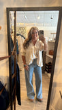 Mock Neck Band Half Zip Puff Elbow Sleeve Blouse- Cream T8222