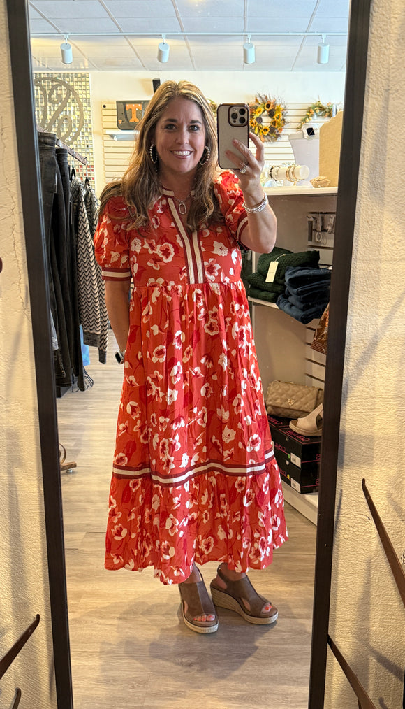 Rust Floral Print MIDI Dress D27344