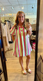 Pink/Green Stripe Puff Sleeve Dress D30322