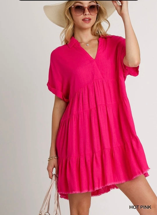 Hot Pink Linen Blend Tired Dress w/ Frayed Hem