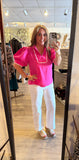 Hot Pink Puff Sleeves Crinkle Top B14128