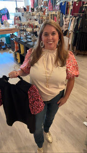 Cream Solid Mock Neck Puff Sleeve Top