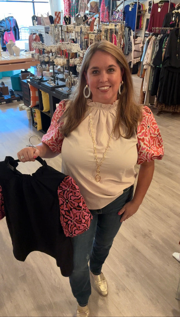 Cream Solid Mock Neck Puff Sleeve Top