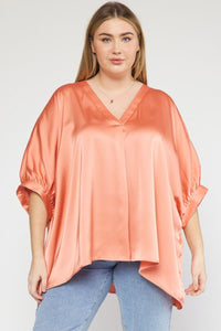 Salmon Satin V-Neck Top