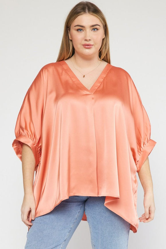 Salmon Satin V-Neck Top