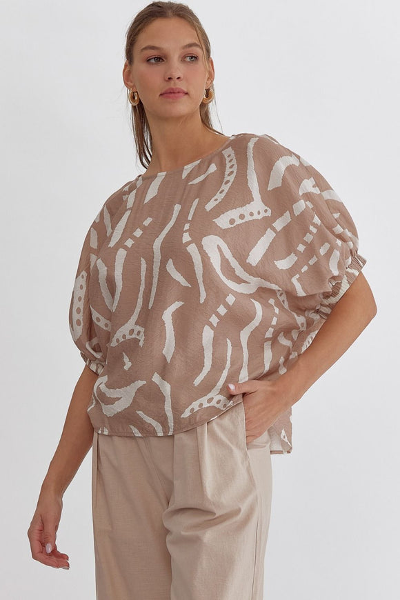 Taupe Printed Round Neck Top