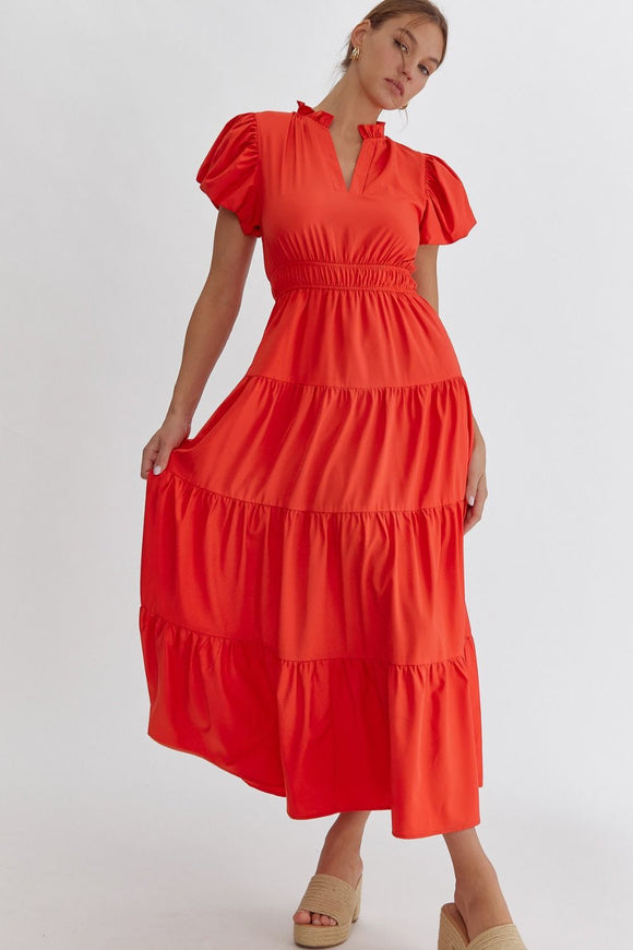Red V-Neck Tiered Midi Dress