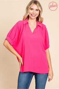 Hot Pink Solid Collared Neck Top