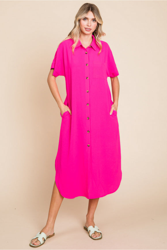 Hot Pink Collared Midi Dress