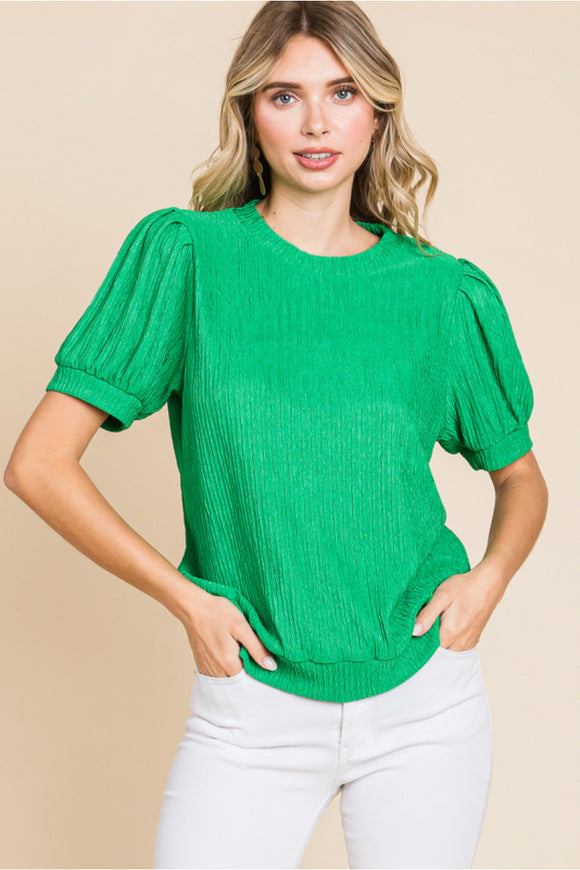Green Textured Peasant Sleeve Top