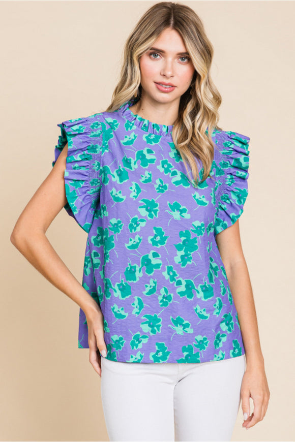 Purple Floral Print Top w/ Frill