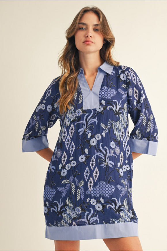 Blue 3/4 Sleeve Boho Floral Dress G14849