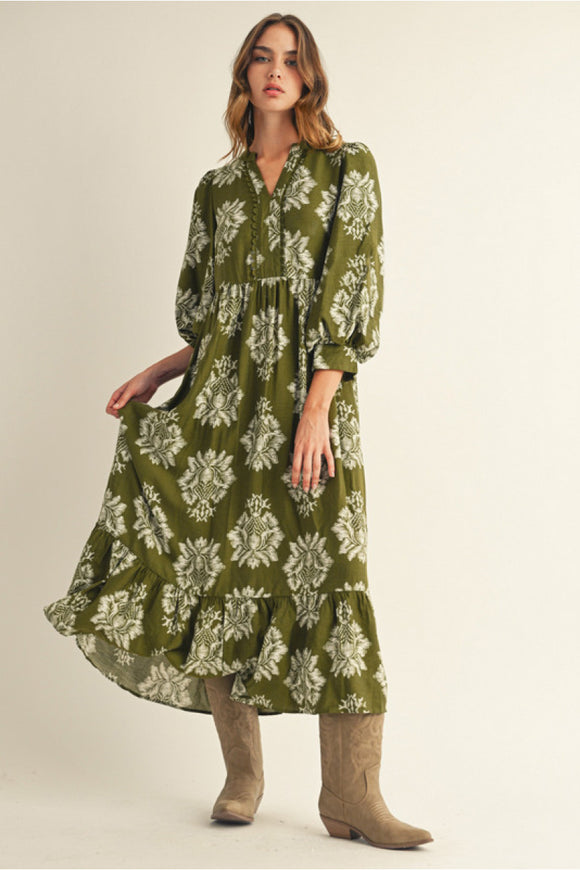Olive 3/4 Sleeve Boho Floral Midi Dress B41626