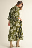 Olive 3/4 Sleeve Boho Floral Midi Dress B41626