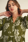 Olive 3/4 Sleeve Boho Floral Midi Dress B41626