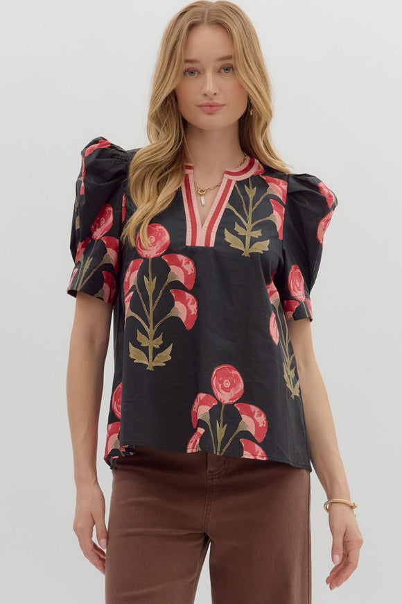 Black Floral Print Puff Sleeve Top T26120