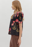 Black Floral Print Puff Sleeve Top T26120