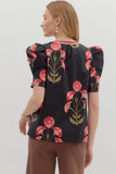Black Floral Print Puff Sleeve Top T26120
