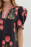 Black Floral Print Puff Sleeve Top T26120