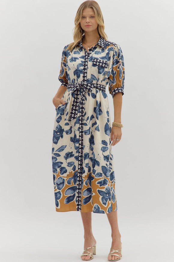Blue Botanical Print Midi Shirt Dress D27894