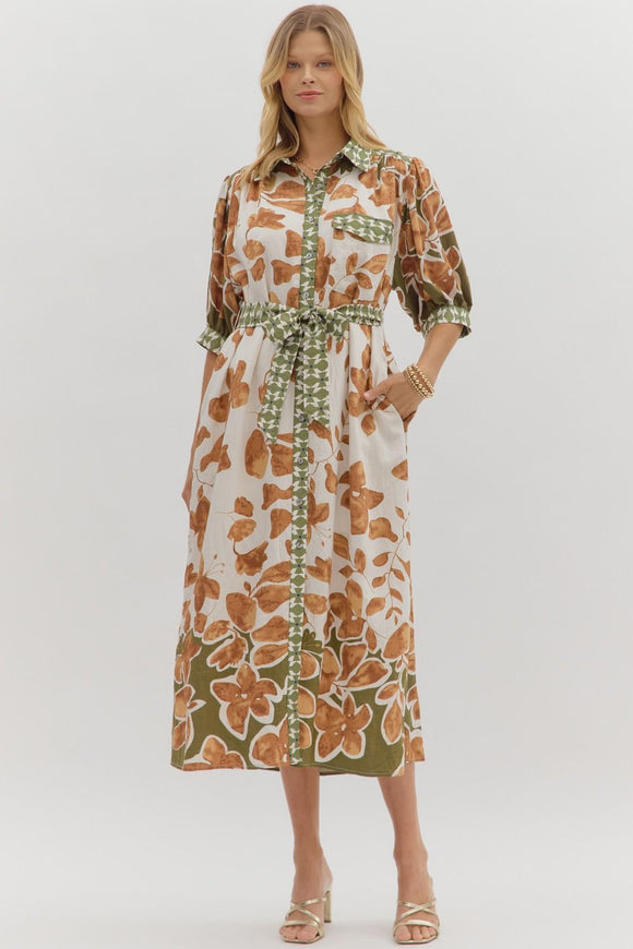 Olive Botanical Print Midi Shirt Dress D27894