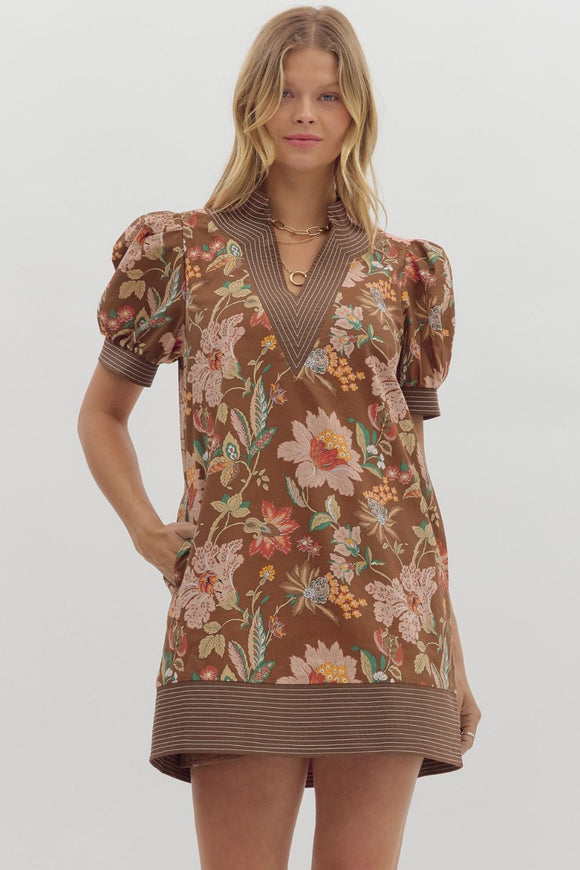 Brown Floral Puff Sleeve Dress D27948