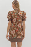 Brown Floral Puff Sleeve Dress D27948