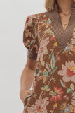 Brown Floral Puff Sleeve Dress D27948