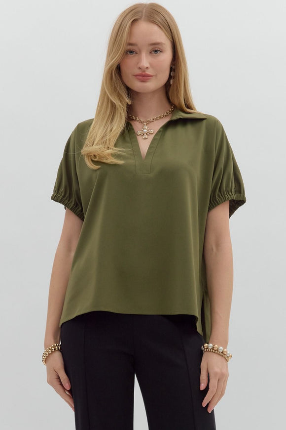 Olive Split Collar Top T27518