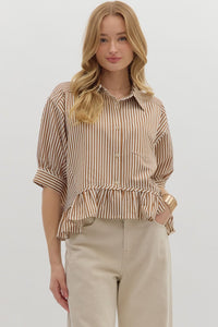 Brown Stripe Ruffle Hem Top T27230